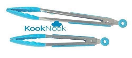 KookNook Premium Stainless Steel Silicone Kitchen Tongs 2 Piece Set - 12 inch Barbecue (BBQ) Tongs and 9 inch Salad Tongs - Blue
