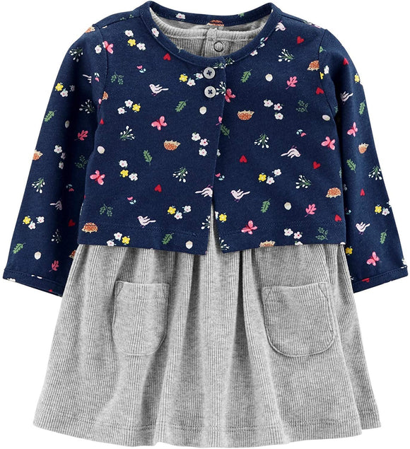Carter's Baby Girls 2 Piece Bodysuit Dress and Cardigan Sweater Set, Navy/Grey, Newborn