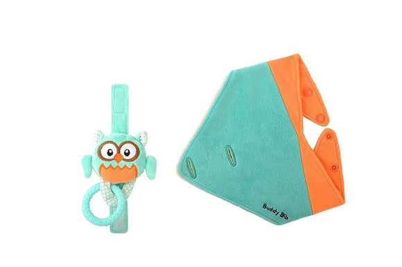 The Makers of the Munch Mitt Introduce the Buddy Bib, 3 in 1 Bandana Drool Bib - Sensory Toy, Teething Ring, Plush Pacifier Holder