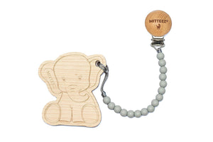 MITTEEZ Teething Buddies Wood Teether Toy and miniStrands Chewbeads and Pacifier Clip (Ella The Elephant - Gray)