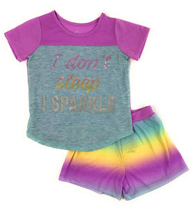 Girls Graphic Short Sleeve Top and Shorts 2-Piece Pajamas, Unicorn, Cat, Dog, Mermaid Styles (X-Small (4/5), Purple Sparkle)