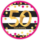 Amscan Pink & Gold 50th Birthday Party Paper Plates and Paper Napkins, 16 Servings, Bundle- 3 Items