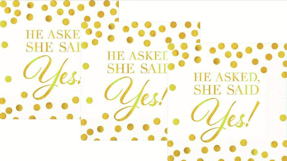 He Asked She Said Yes | Amscan Wedding Beverage Napkins Value Pack, Gold/White, 5