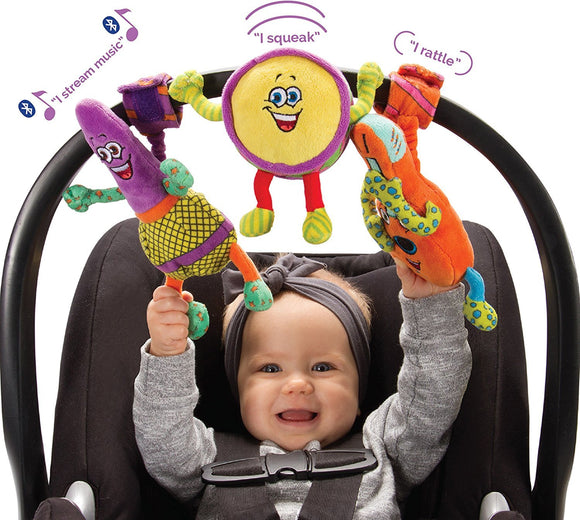 Lil Jammerz Set of 3 Plush Baby Toys: Includes a Bluetooth Speaker that Streams Music or White Noise, a Rattle and a Squeaky Toy - All Conveniently Attach to a Car Seat, Stroller or Carrier