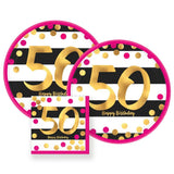 Amscan Pink & Gold 50th Birthday Party Paper Plates and Paper Napkins, 16 Servings, Bundle- 3 Items