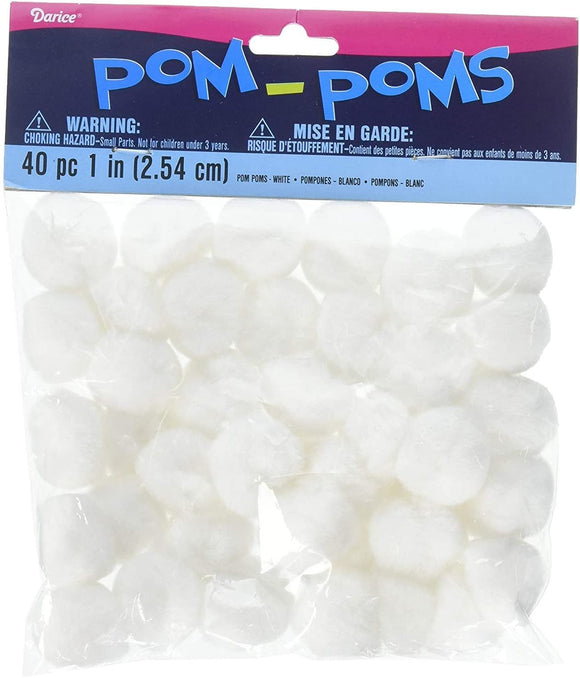 Darice 40-Piece Acrylic Pom Pom, 1-Inch, White