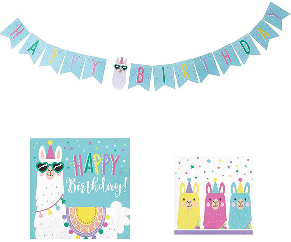 Llama Party Birthday Bundle Pack for 16 Guests- Includes 8 foot Ribbon Happy Birthday Banner and Napkins