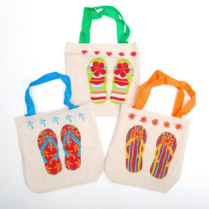 Fun Express Canvas Flip Flop Tote Bags. Multicolor (12 Pack) 8" X 2 1/2 X 8 1/2 with 5 1/2 Handles. Poly-cotton.